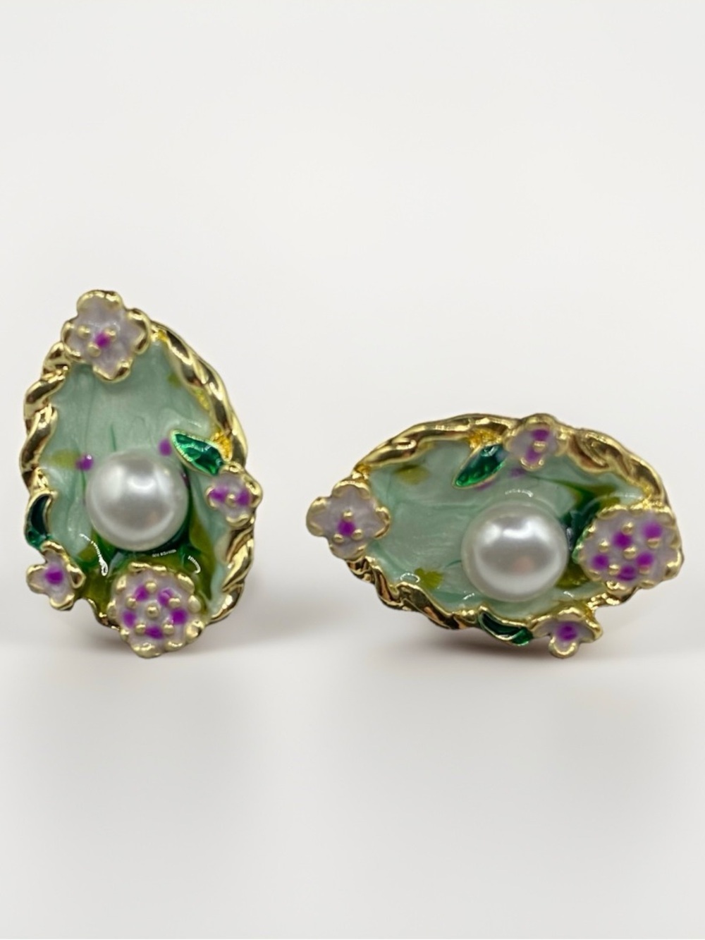 Gold-Tone Green Floral Pearl Stud Earrings